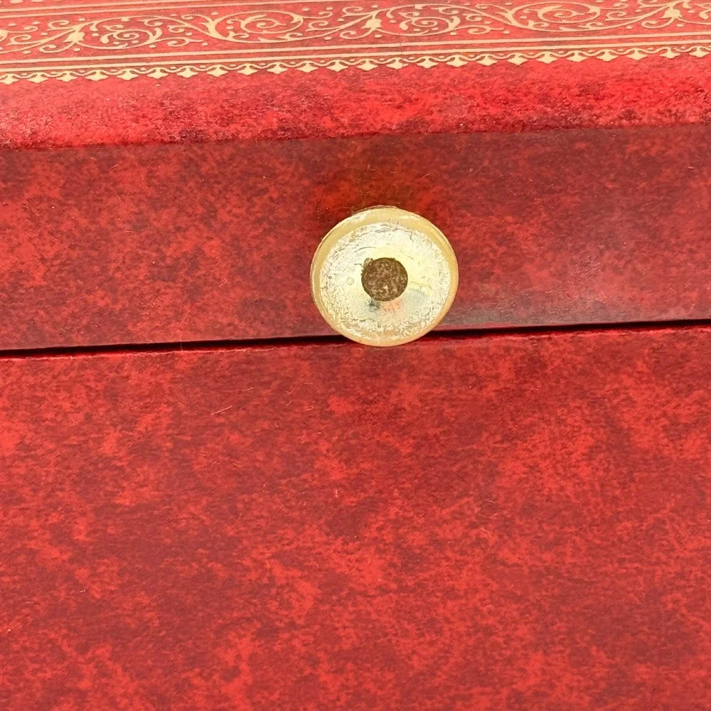 Vintage Red Faux Leather Jewelry Box Gold Filigree 3-Tier Cantilever Drawer